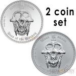 Republic of Palau YEAR OF THE MONKEY Series LUNAR SKULLS 2016 $5 PROOF + $5 BU Two Silver Coin Set Matched serial numbers 2 oz